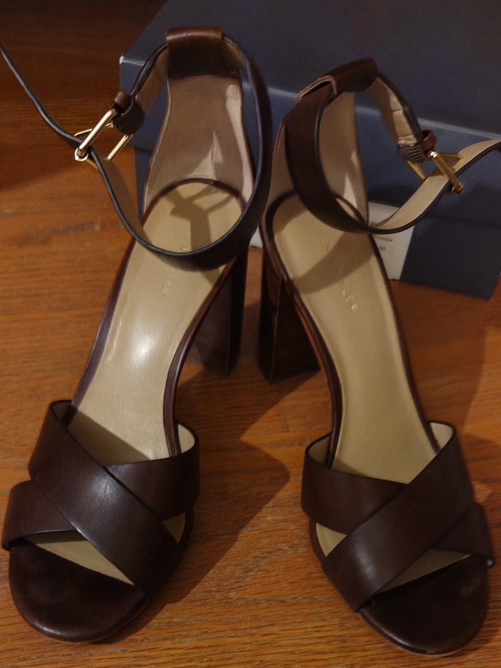 Ann Taylor Gigi Spanish Chocolate Leather Block Heel Sandals with Ankle Strap